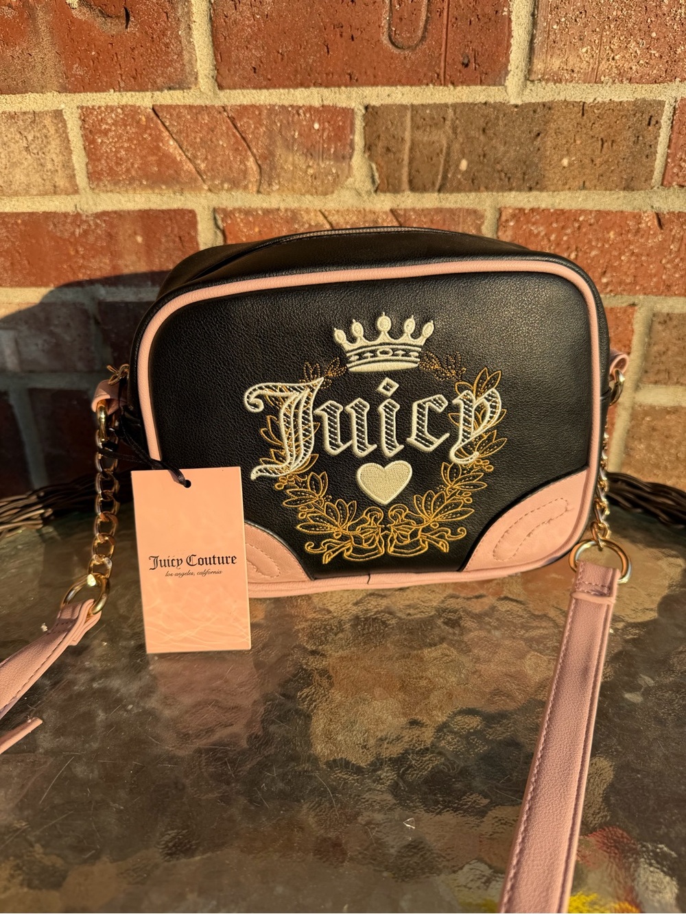 Juicy Couture Black & Pink Embroidered Heritage Crossbody Bag